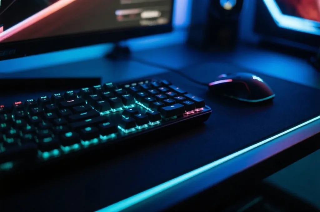 Close-up of a modern gaming setup with a glowing mechanical keyboard and mouse, professional gamer aesthetic