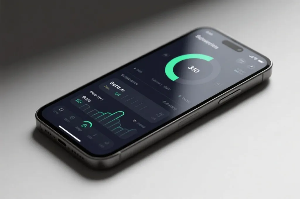 A premium modern smartphone displaying a sports application dashboard, elegant design, minimalist background