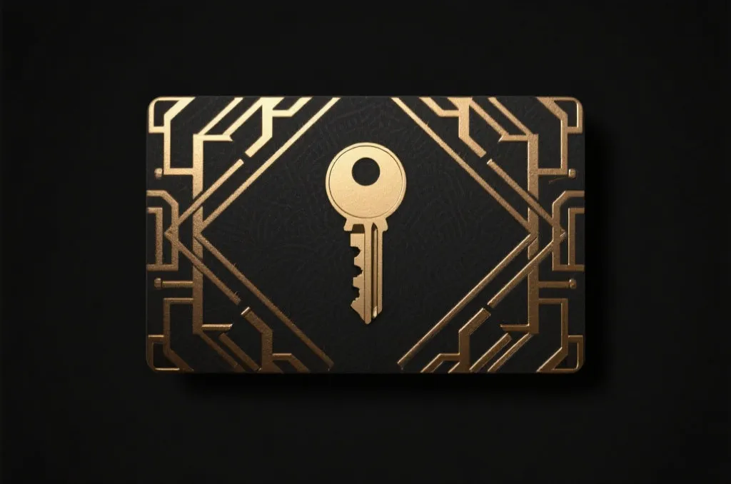 Elegant dark metallic card with golden geometric patterns, modern digital security key symbol representing VIP account protection